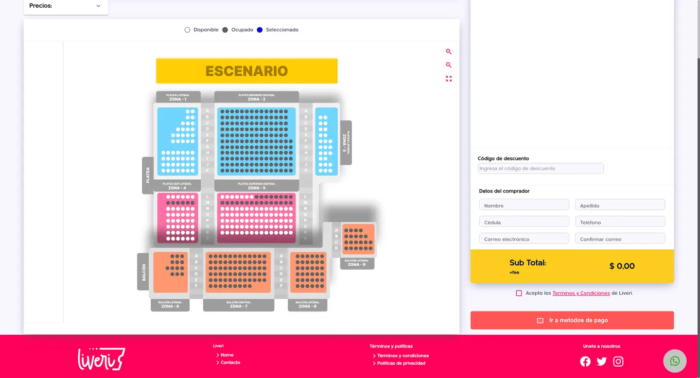 Sistema web de gestión de boletería de Liveri con mapa de asientos